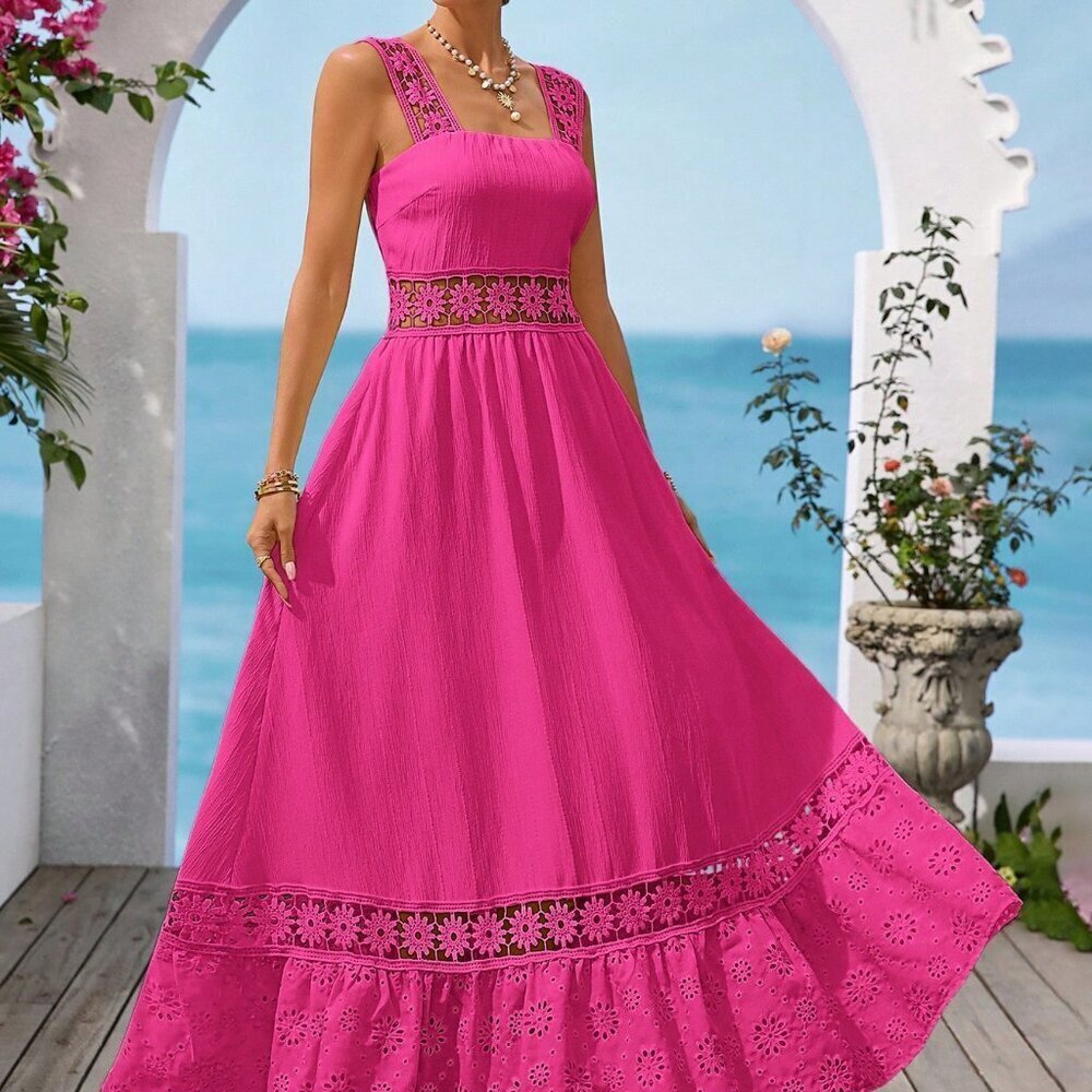 Hot Pink Boho Women's Floral Lace Vacation Slip Dress